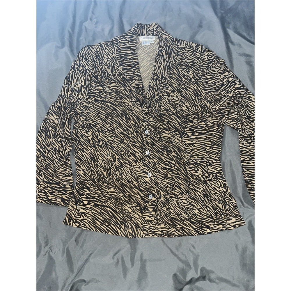 Vtg Barry Bricken Silk Rayon Shirt Brown Black Animal Print Small ~No Top Button